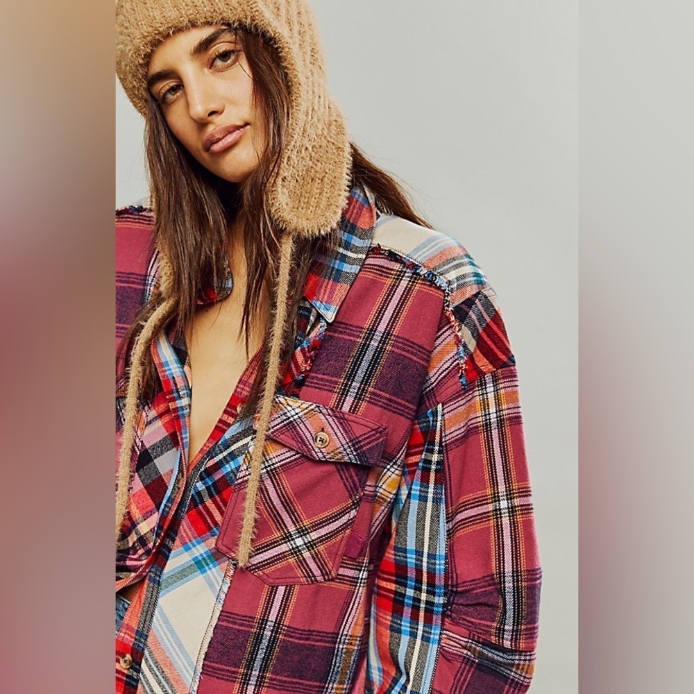 Free People We the Free Patched Up Plaid Cotton Shirt Oversized Grunge Pink XS - Picture 3 of 16